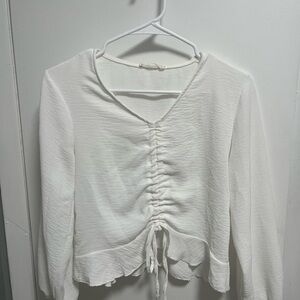 White Ruched Front Long-Sleeve Blouse with Tie Detail